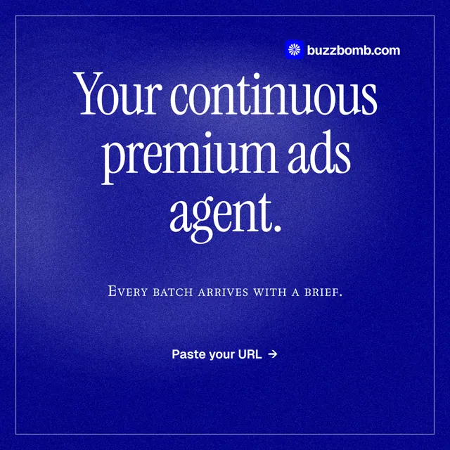 Instagram post for BuzzBomb: "Your continuous premium ads agent." Editorial style, smallcaps layout, dark palette in blue.
