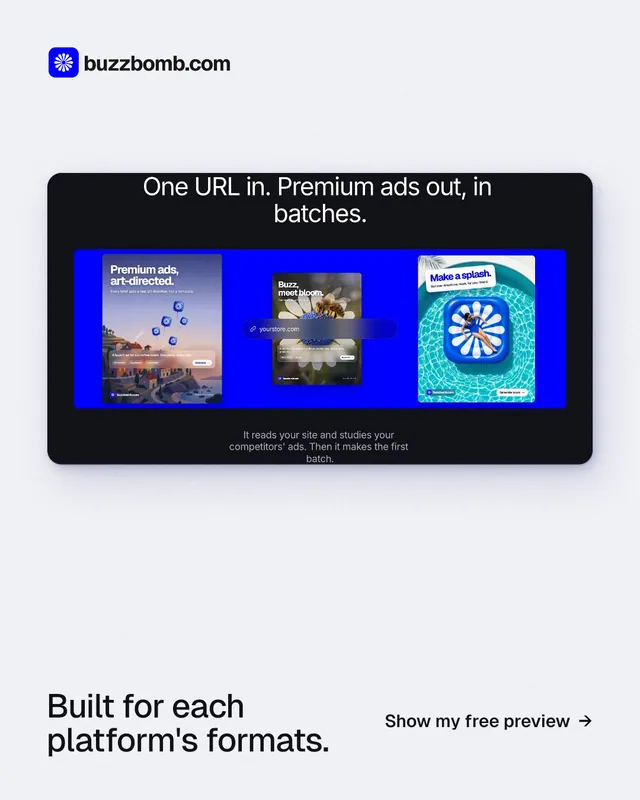 Instagram portrait post for BuzzBomb: "Built for each platform's formats." Swiss style, image led layout, light palette in white, blue.