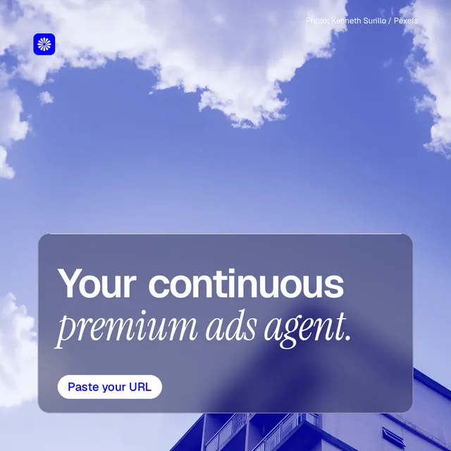 Instagram post for BuzzBomb: "Your continuous premium ads agent." Glass style, technique:pexels ingredient layout, light palette in blue.