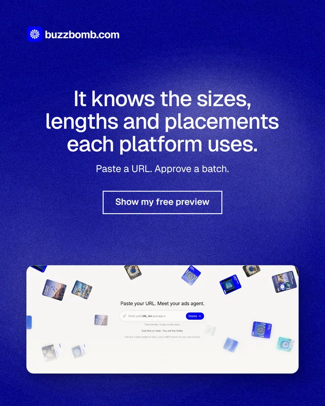 Instagram portrait post for BuzzBomb: "It knows the sizes, lengths and placements each platform uses." Cyanotype style, centred layout, dark palette in blue, white.