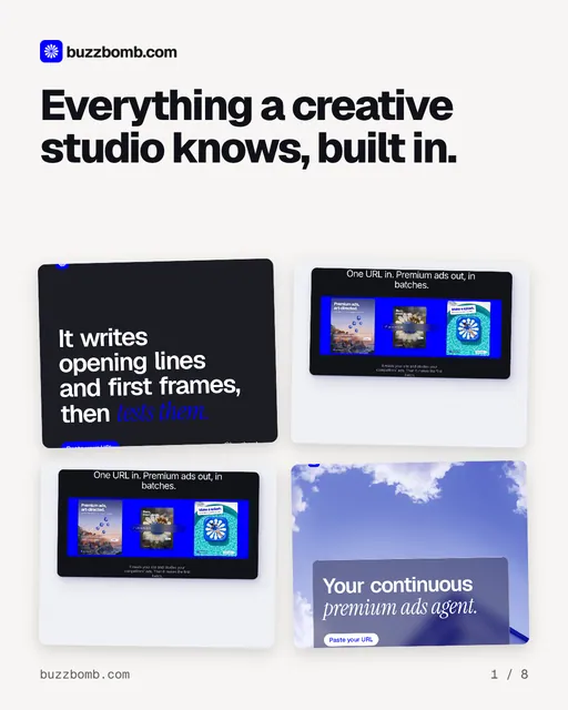 Carousel for BuzzBomb: "Everything a creative studio knows, built in.". Collection carousel, 8 slides, light palette.