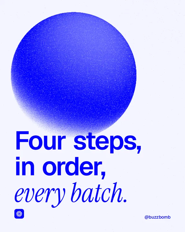 Instagram portrait post for BuzzBomb: "Four steps, in order, every batch." Auto 4x5 style, technique:shader field layout, light palette in white, blue.