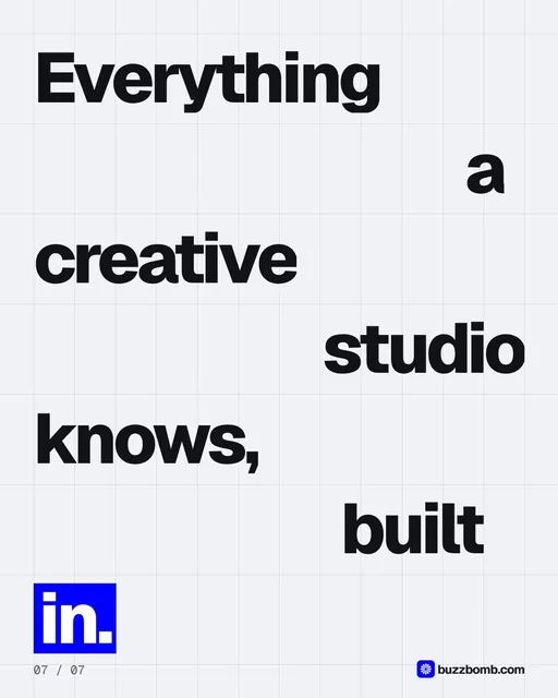 Video for BuzzBomb: "Everything a creative studio knows, built in.". Kinetic type grid, 6.0 s, light palette.