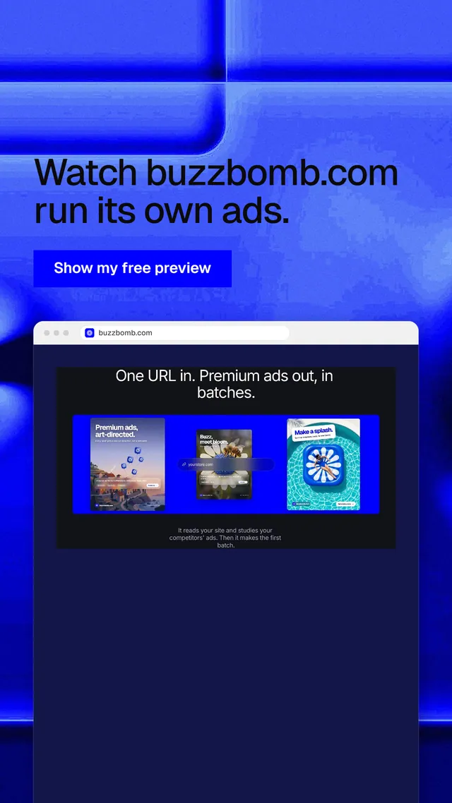 Instagram story for BuzzBomb: "Watch buzzbomb.com run its own ads." Swiss style, browser layout, dark palette in blue.