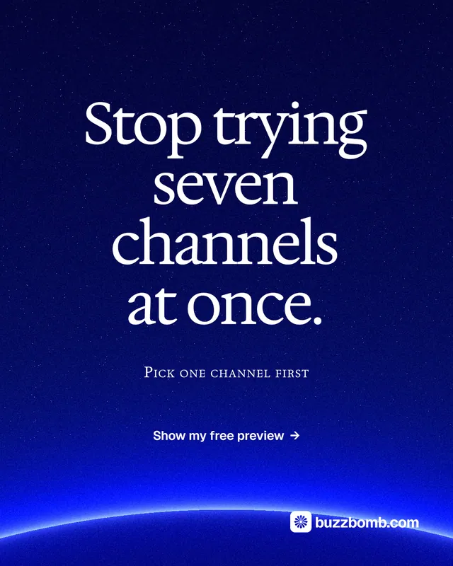 Instagram portrait post for BuzzBomb: "Stop trying seven channels at once." Swiss style, smallcaps layout, dark palette in blue.