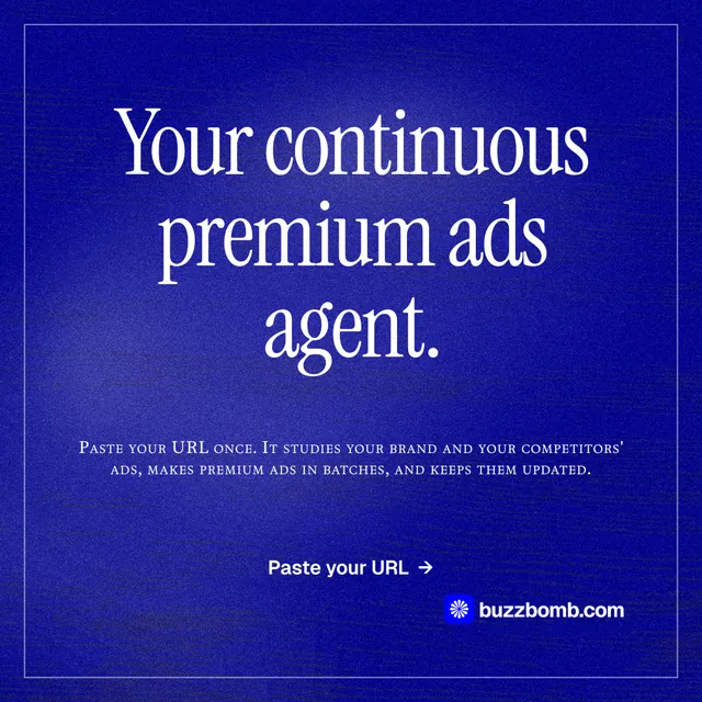 Instagram post for BuzzBomb: "Your continuous premium ads agent." Editorial style, smallcaps layout, dark palette in blue.