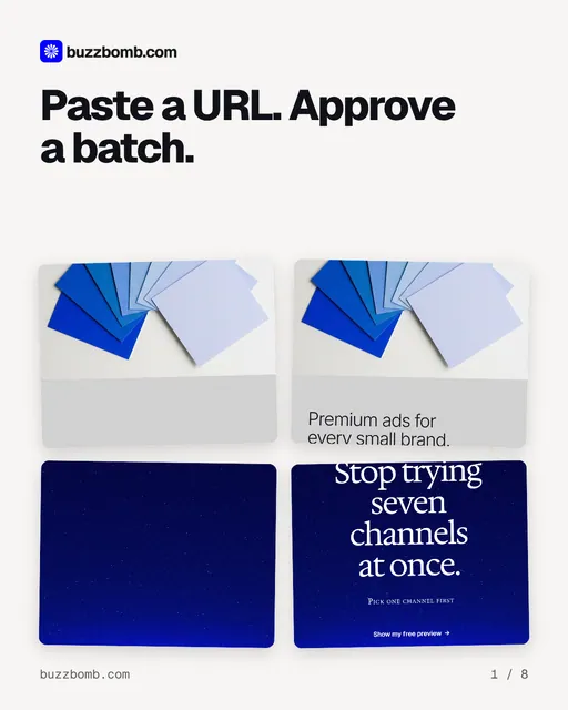 Carousel for BuzzBomb: "Paste a URL. Approve a batch.". Collection carousel, 8 slides, light palette.