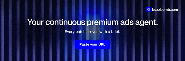 X header for BuzzBomb: "Your continuous premium ads agent." Swiss style, centred layout, dark palette in black, blue.