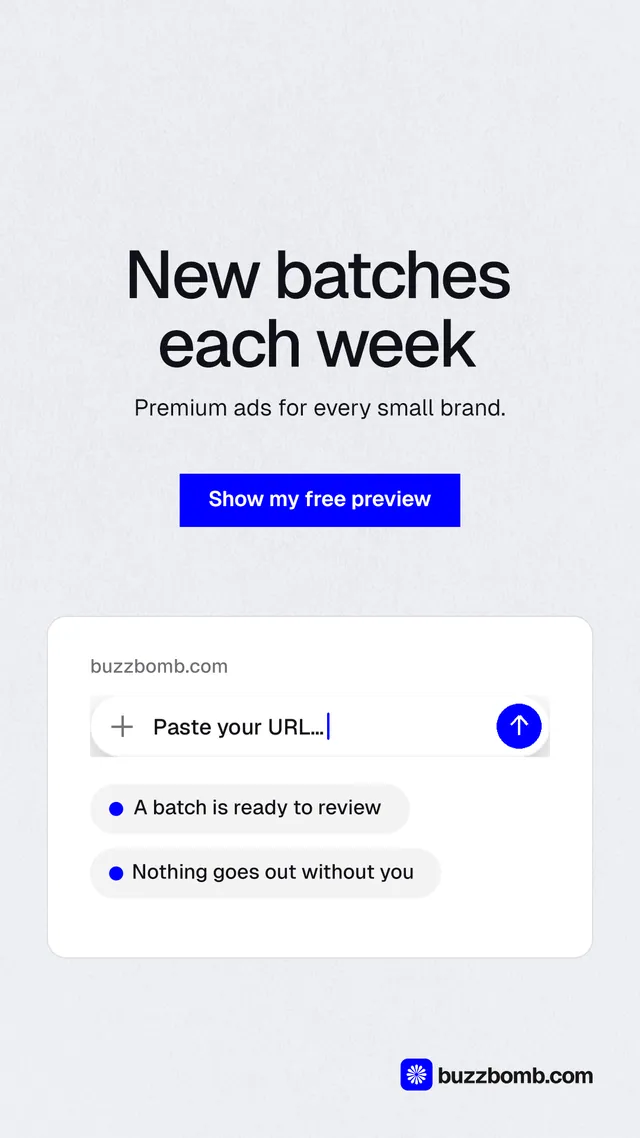 Instagram story for BuzzBomb: "New batches each week". Swiss style, centred layout, light palette in white, blue.