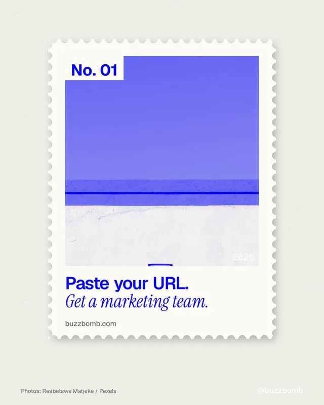 Instagram portrait post for BuzzBomb: "Paste your URL. Get a marketing team." Single style, technique:stamp series layout, light palette in yellow, blue, white.