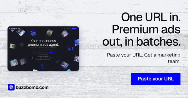 Social ad for BuzzBomb: "One URL in. Premium ads out, in batches." Swiss style, right layout, light palette in white, blue.