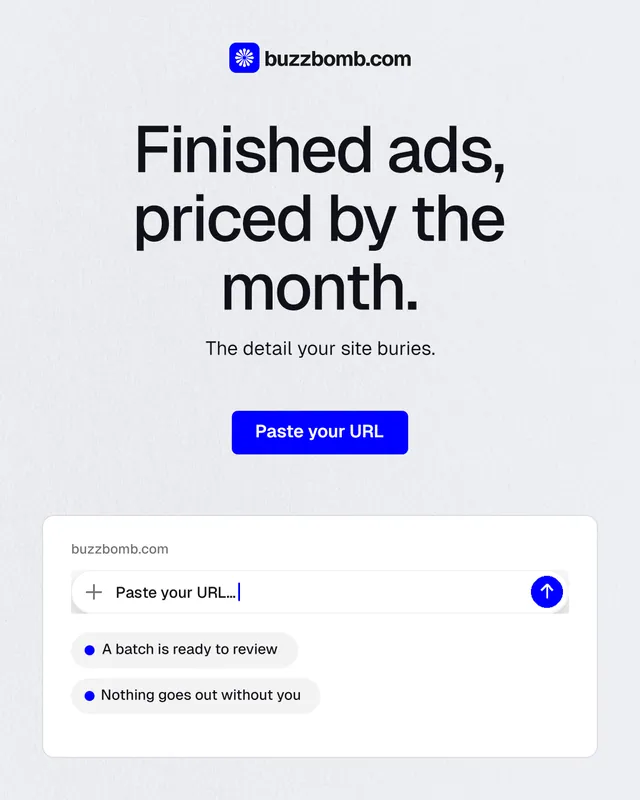 Instagram portrait post for BuzzBomb: "Finished ads, priced by the month." Data card style, centred layout, light palette in white, blue.