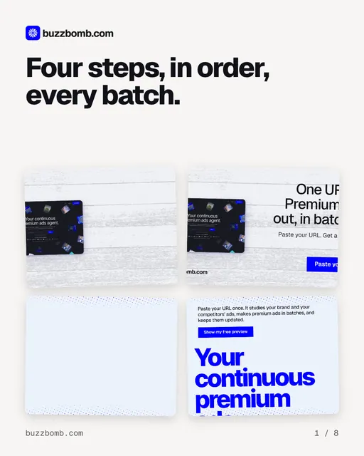 Carousel for BuzzBomb: "Four steps, in order, every batch.". Collection carousel, 8 slides, light palette.