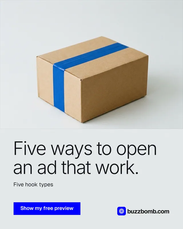 Instagram portrait post for BuzzBomb: "Five ways to open an ad that work." Swiss style, bottom layout, light palette in white, grey.
