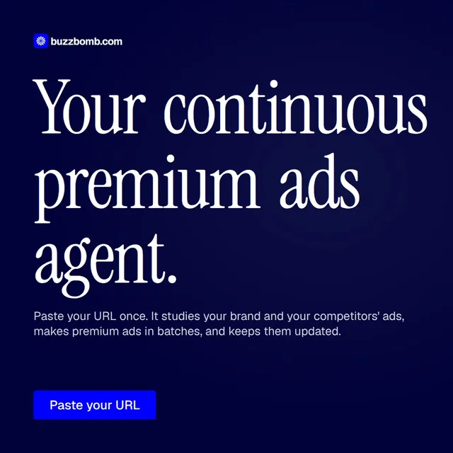 Video for BuzzBomb: "Your continuous premium ads agent.". Doc motion loop, 6.0 s, dark palette.