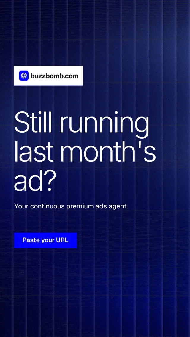 Instagram story for BuzzBomb: "Still running last month's ad?" Swiss style, announce layout, dark palette in blue, grey.
