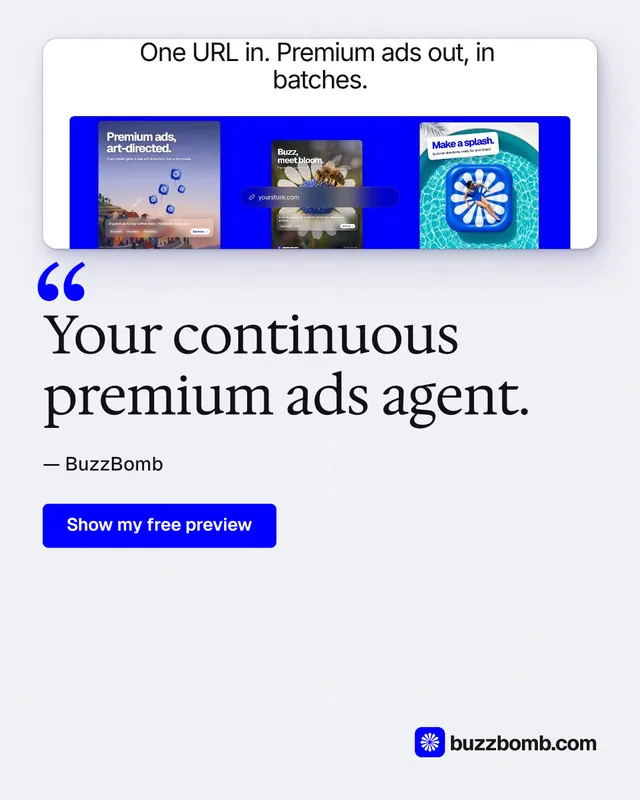 Instagram portrait post for BuzzBomb: "Your continuous premium ads agent." Data card style, quote layout, light palette in white, blue.