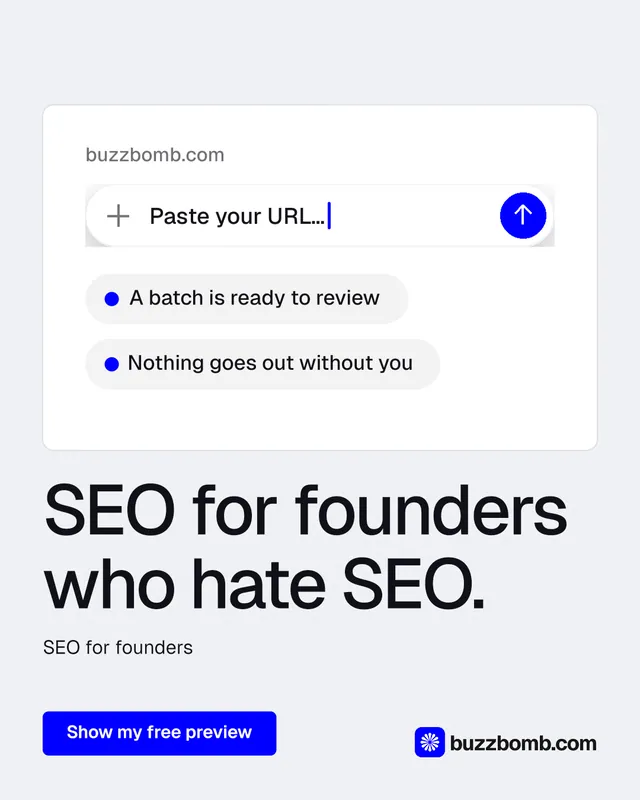 Instagram portrait post for BuzzBomb: "SEO for founders who hate SEO." Data card style, bottom layout, light palette in white, blue.