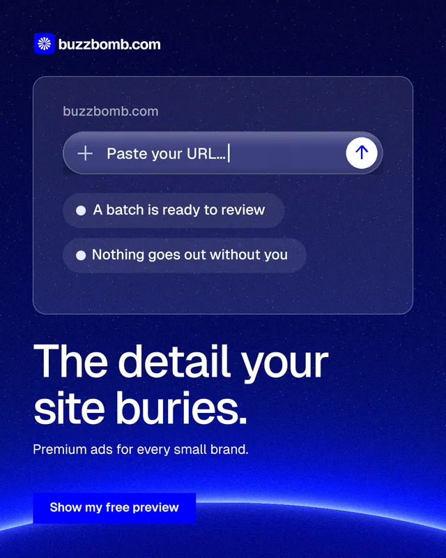 Instagram portrait post for BuzzBomb: "The detail your site buries." Swiss style, bottom layout, dark palette in blue.