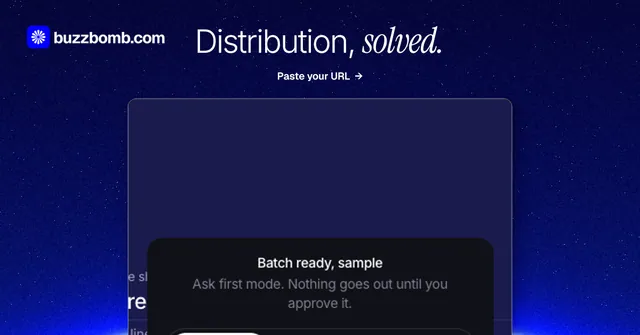 Social ad for BuzzBomb: "Distribution, solved." Swiss style, ogui layout, dark palette in blue.