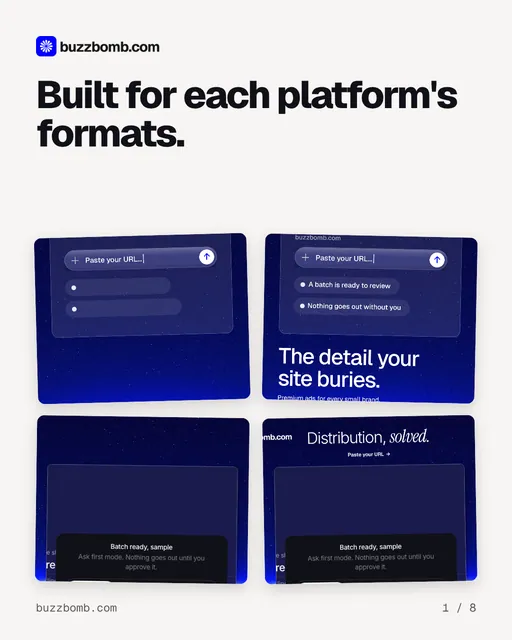 Carousel for BuzzBomb: "Built for each platform's formats.". Collection carousel, 8 slides, light palette.