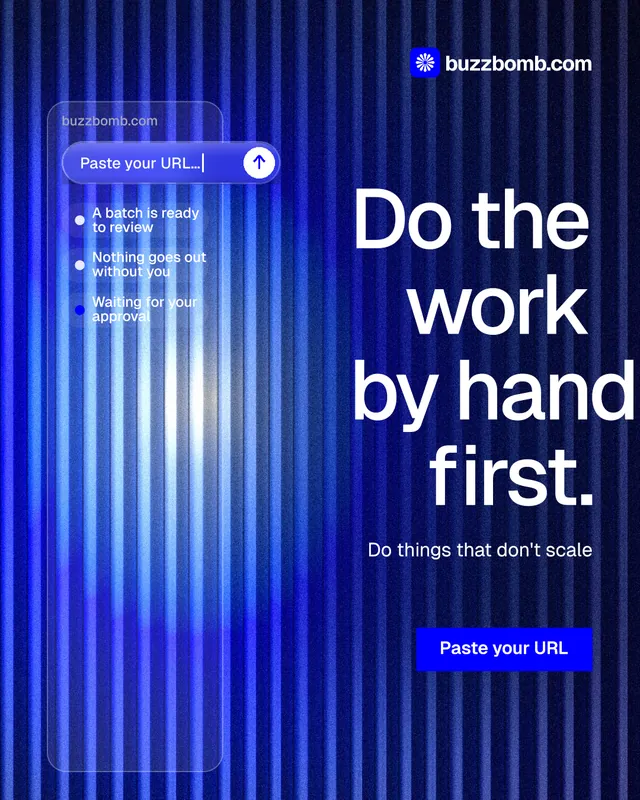 Instagram portrait post for BuzzBomb: "Do the work by hand first." Swiss style, right layout, dark palette in blue.