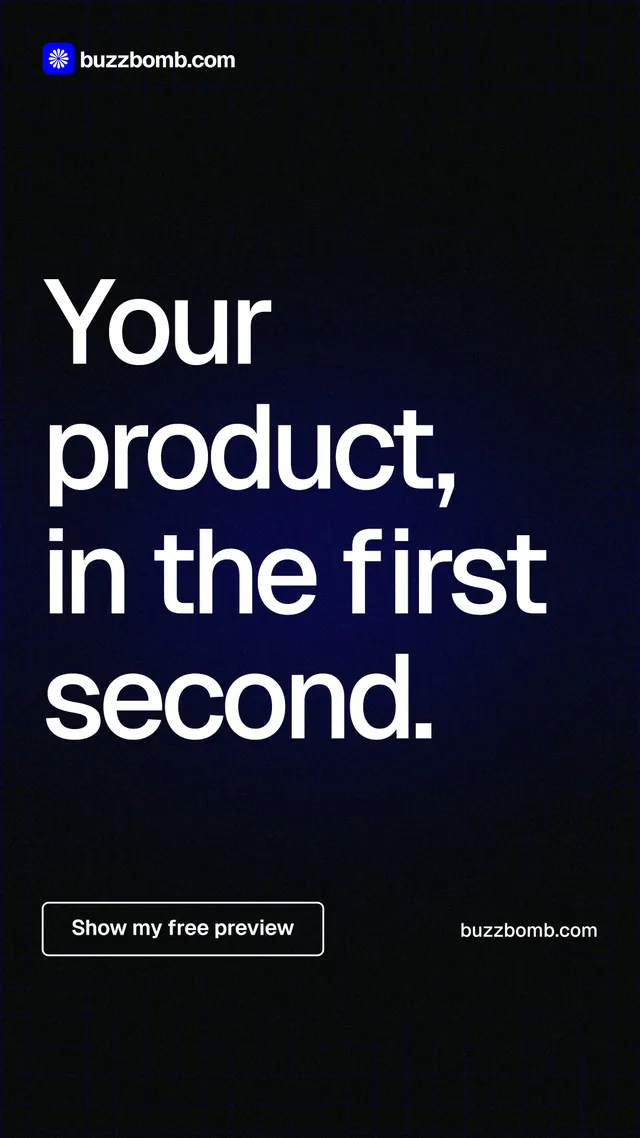 Instagram story for BuzzBomb: "Your product, in the first second." Phosphor atlas style, poster layout, dark palette in black, grey.