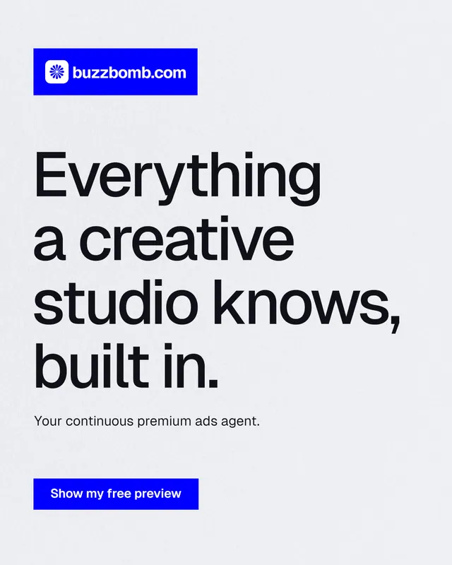 Instagram portrait post for BuzzBomb: "Everything a creative studio knows, built in." Swiss style, announce layout, light palette in white, blue.