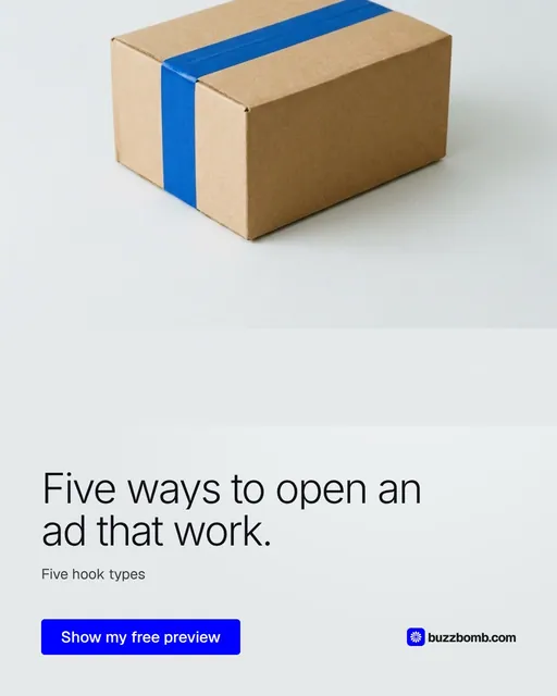 Video for BuzzBomb: "Five ways to open an ad that work.". Doc motion loop, 8.0 s, light palette.