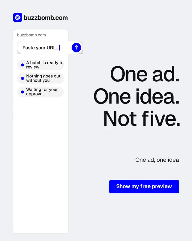 Instagram portrait post for BuzzBomb: "One ad. One idea. Not five." Data card style, right layout, light palette in white, blue.