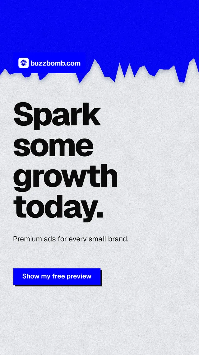 Instagram story for BuzzBomb: "Spark some growth today." Paper trio style, announce layout, light palette in white, blue, grey.