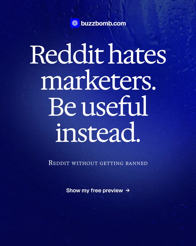 Instagram portrait post for BuzzBomb: "Reddit hates marketers. Be useful instead." Swiss style, smallcaps layout, dark palette in blue.