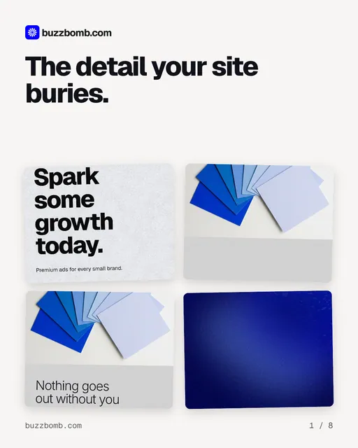 Carousel for BuzzBomb: "The detail your site buries.". Collection carousel, 8 slides, light palette.
