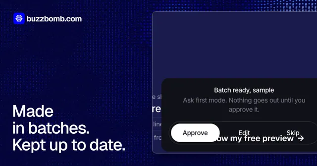 Social ad for BuzzBomb: "Made in batches. Kept up to date." Swiss style, image led layout, dark palette in blue, black, grey.