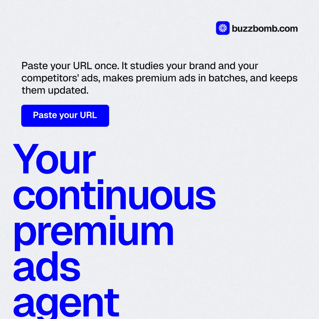 Instagram post for BuzzBomb: "Your continuous premium ads agent." Data card style, oversized layout, light palette in white, blue.