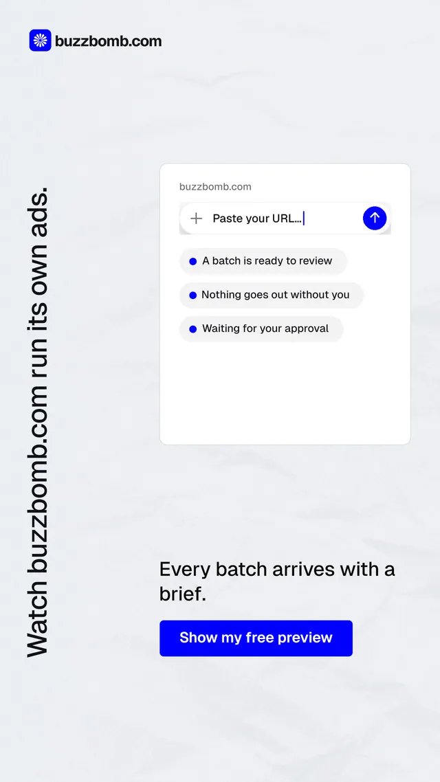 Instagram story for BuzzBomb: "Watch buzzbomb.com run its own ads." Data card style, vertical layout, light palette in white, blue.