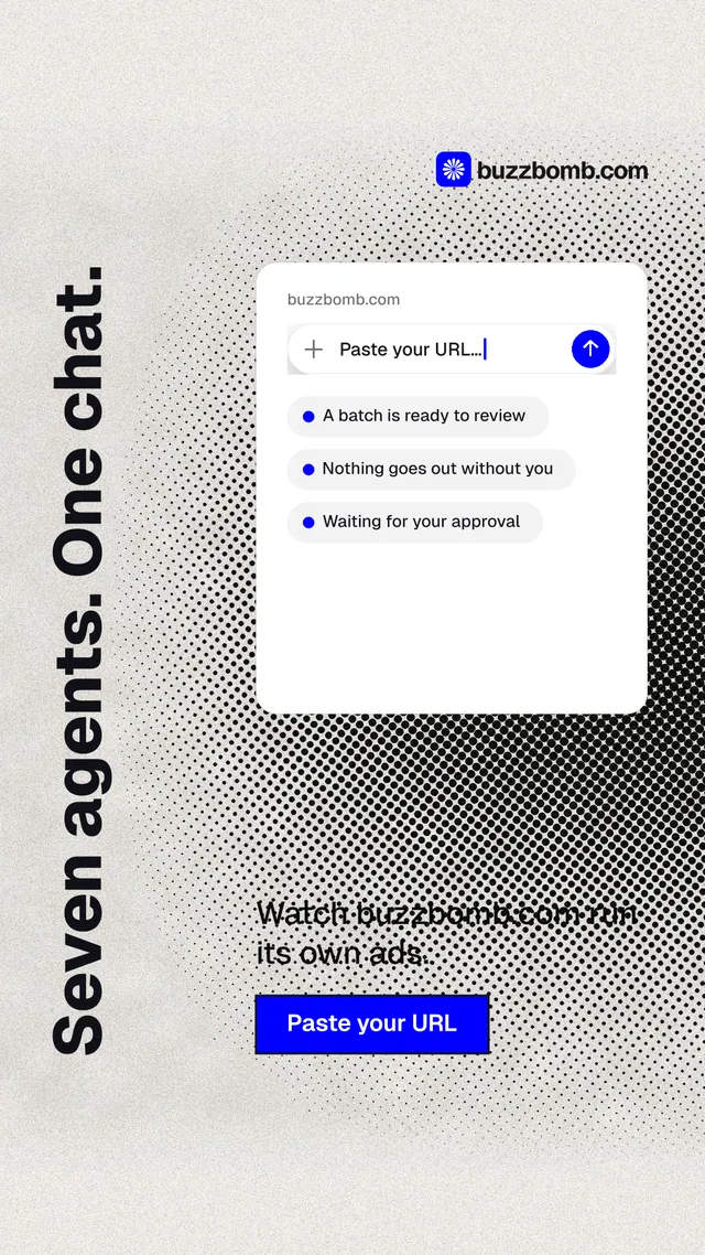 Instagram story for BuzzBomb: "Seven agents. One chat." Ink sticker style, vertical layout, light palette in white, grey.