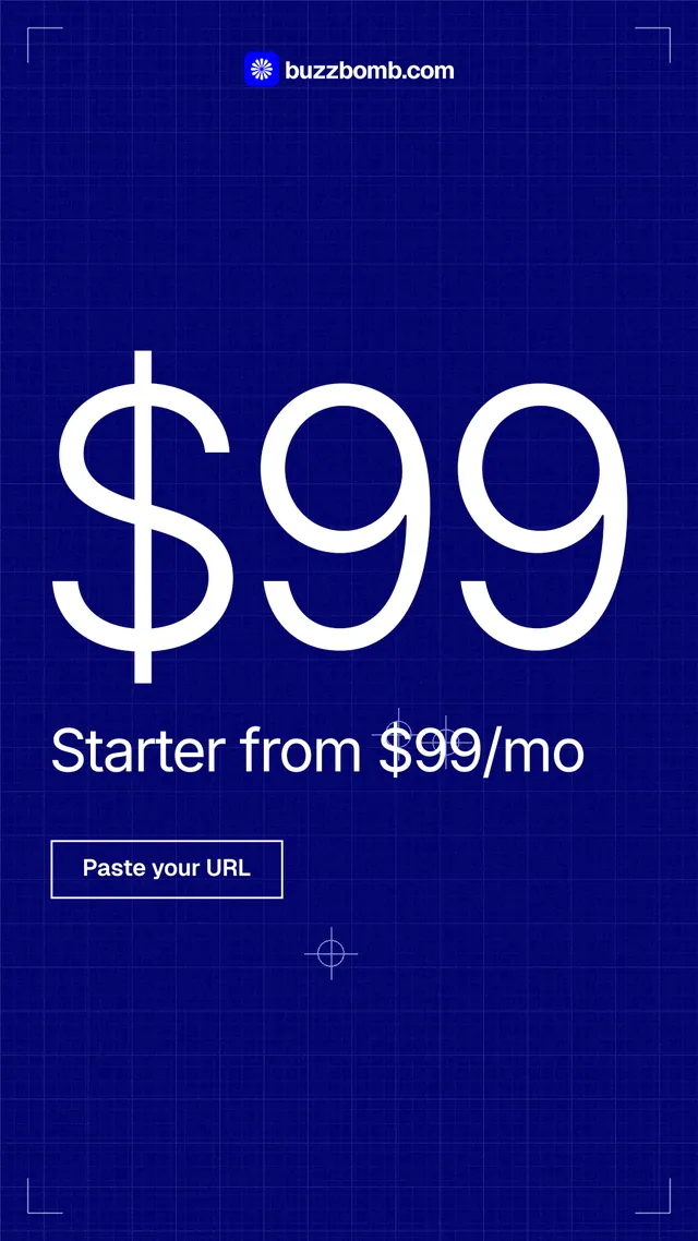 Instagram story for BuzzBomb: "Get a marketing team." Blueprint style, stat layout, dark palette in blue.