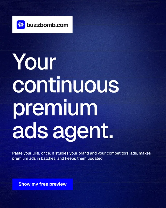 Instagram portrait post for BuzzBomb: "Your continuous premium ads agent." Swiss style, announce layout, dark palette in blue.