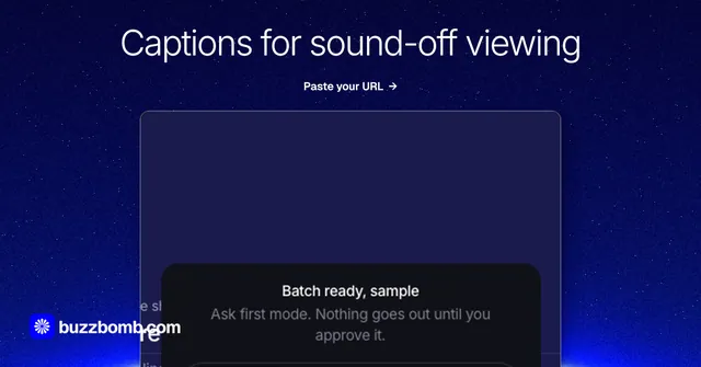 Social ad for BuzzBomb: "Captions for sound-off viewing". Swiss style, ogui layout, dark palette in blue.