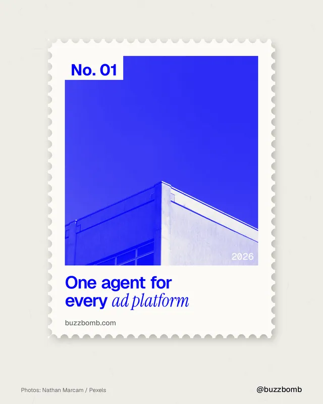 Instagram portrait post for BuzzBomb: "One agent for every ad platform". Single style, technique:stamp series layout, light palette in yellow, blue, white.