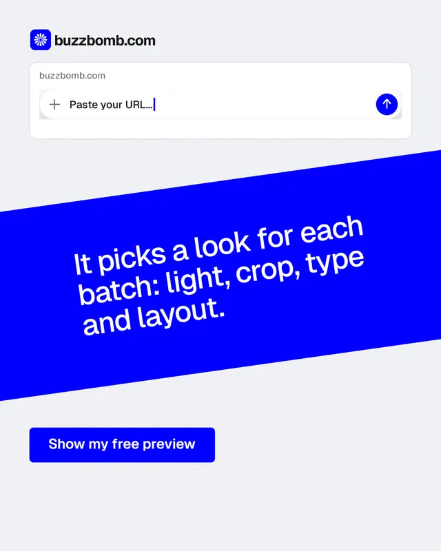 Instagram portrait post for BuzzBomb: "It picks a look for each batch: light, crop, type and layout." Data card style, diagonal layout, light palette in white, blue.
