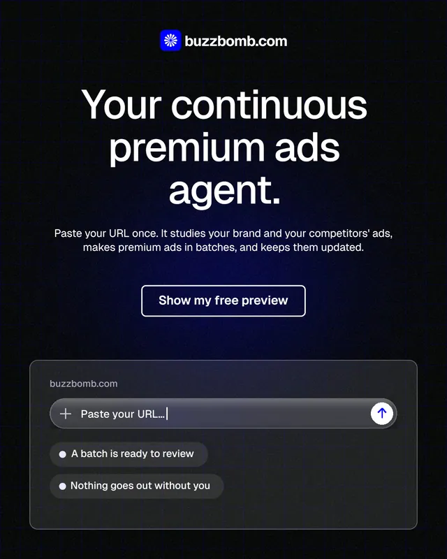 Instagram portrait post for BuzzBomb: "Your continuous premium ads agent." Phosphor atlas style, centred layout, dark palette in black, grey.