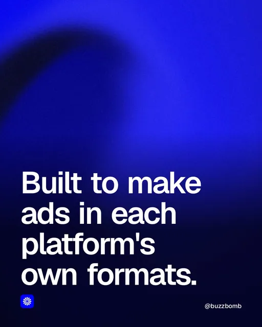 Video for BuzzBomb: "Built to make ads in each platform's own formats.". Shader loop, 6.0 s, dark palette.