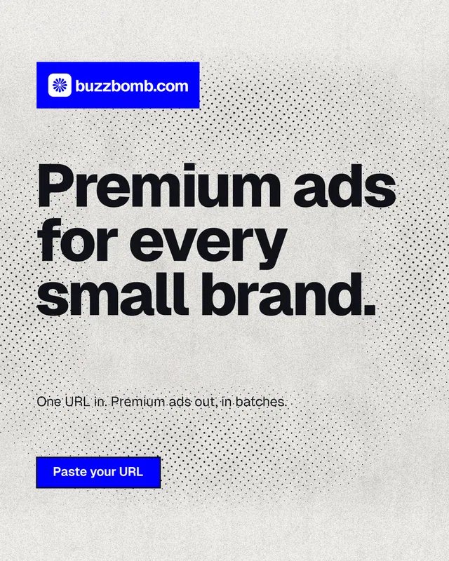 Instagram portrait post for BuzzBomb: "Premium ads for every small brand." Ink sticker style, announce layout, light palette in white, grey.