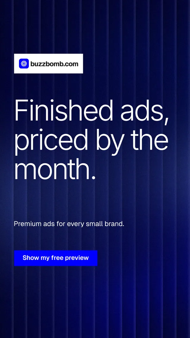 Instagram story for BuzzBomb: "Finished ads, priced by the month." Swiss style, announce layout, dark palette in black, blue, grey.