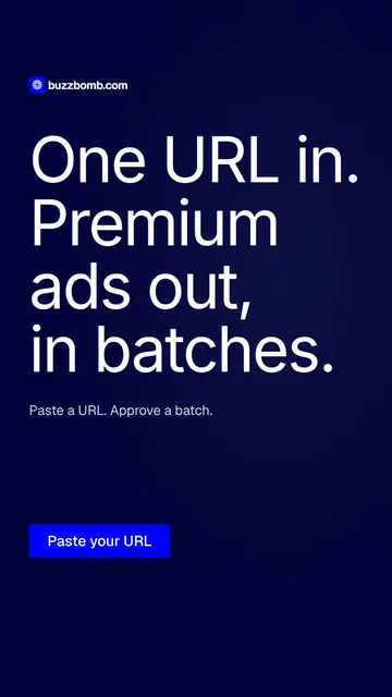 Video for BuzzBomb: "One URL in. Premium ads out, in batches.". Doc motion loop, 6.0 s, dark palette.