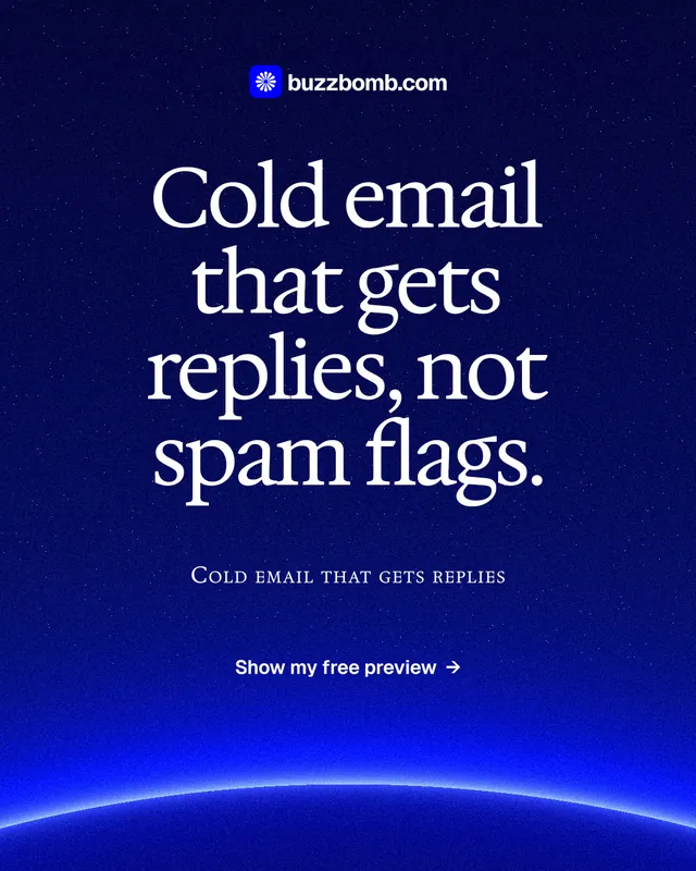 Instagram portrait post for BuzzBomb: "Cold email that gets replies, not spam flags." Swiss style, smallcaps layout, dark palette in blue.