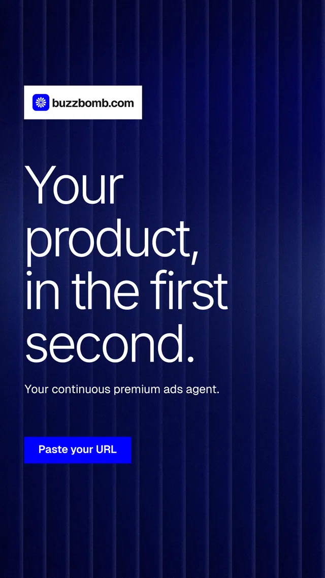 Instagram story for BuzzBomb: "Your product, in the first second." Swiss style, announce layout, dark palette in black, blue, grey.