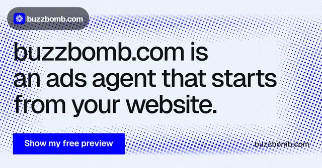 Social ad for BuzzBomb: "buzzbomb.com is an ads agent that starts from your website." Swiss style, poster layout, light palette in white, blue.